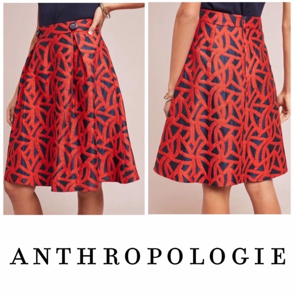 Eva Franco ANTHROPOLOGY Red Navy A LINE PLEATED  Skirt SIZE 2 with POCKETS